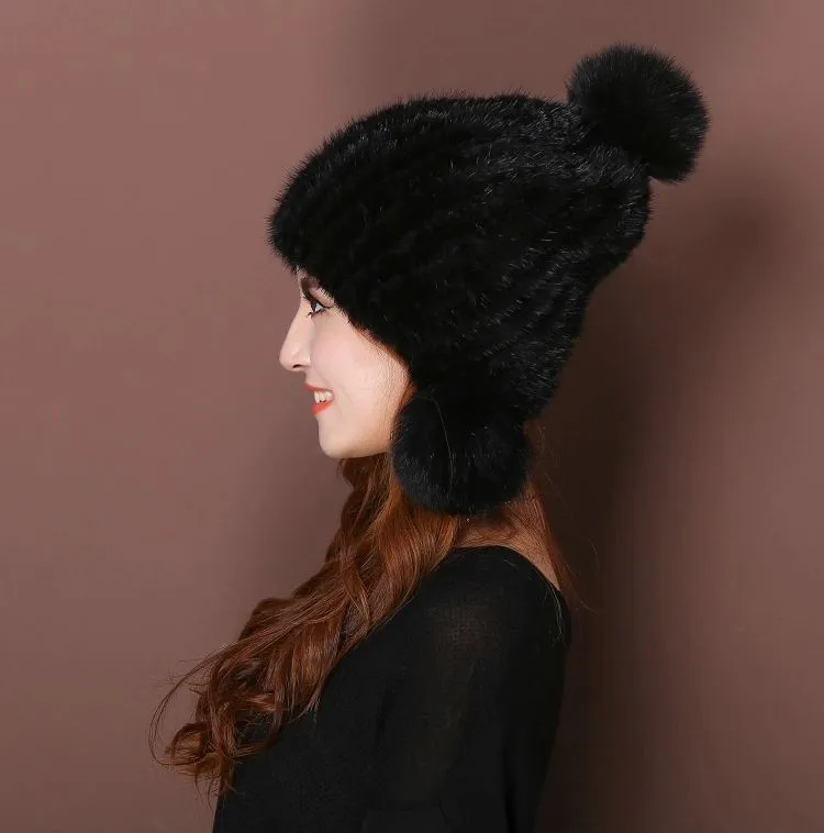 Модная женская шапка из настоящей норки, зимняя теплая шапка из меха норки, вязаные шапки для женщин, шапка из меха лисы