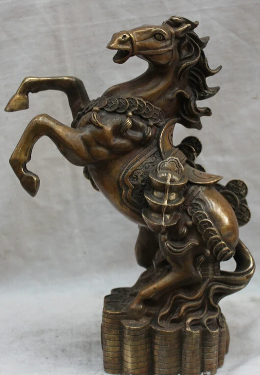

S5925 11" China Chinese Folk Fengshui Copper Stand Fu Zodiac Year Horse Wealth Statue D0318