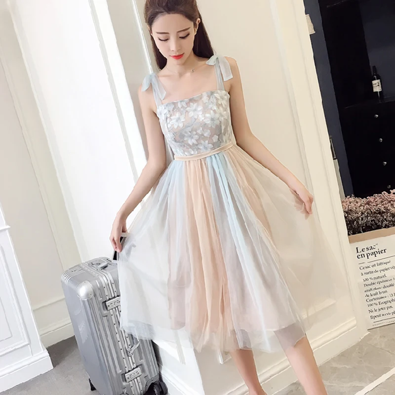 

Embroidery Flower Contrast Color Fairy Dress Women Summer Sleeveless Backless Midi Dresses Fashion Slim High Waist Tulle Dress