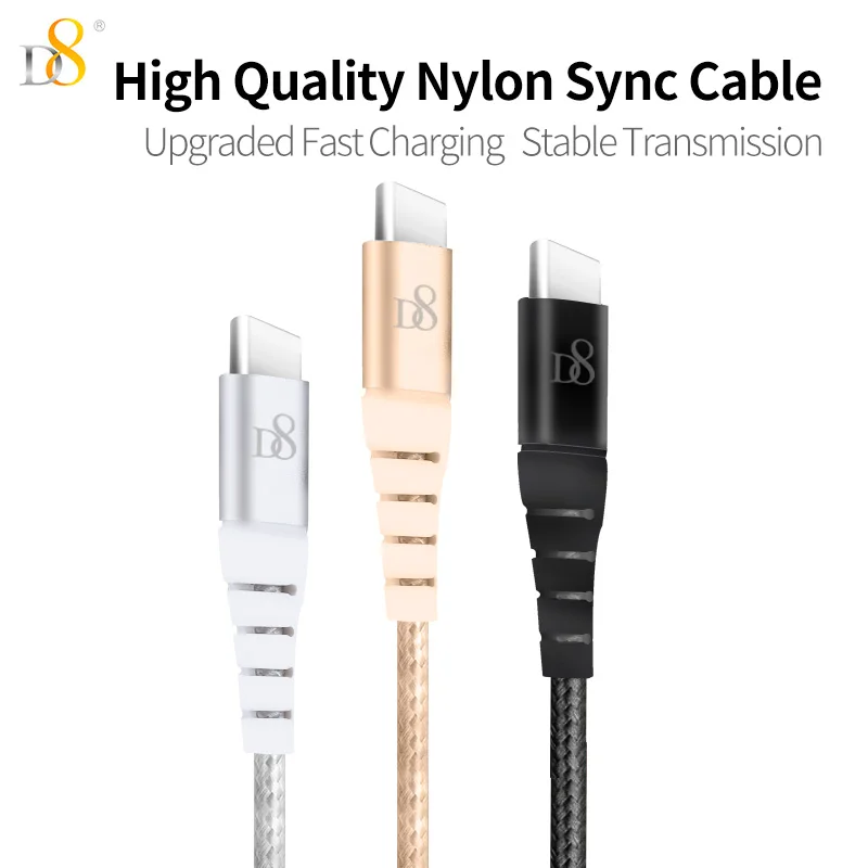 D8 высококачественный нейлоновый кабель Lightning USB type-C для iPhone X, простой совместимый удлиненный провод для быстрой зарядки и передачи данных