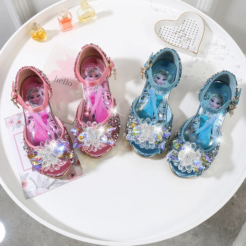 Disney/Детские сандалии на высоком каблуке; летняя Новинка; Повседневная обувь принцессы для девочек; детская обувь с рисунком Эльзы из мультфильма «Холодное сердце»; обувь с кристаллами; европейские размеры 24-36