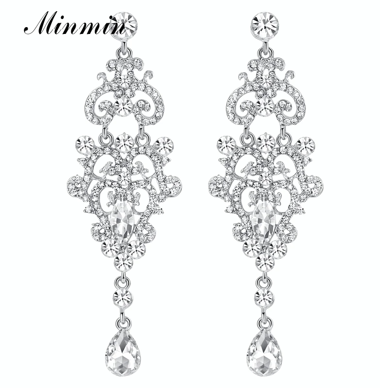 

Minmin Vintage Teardrop Silver Color Crystal Female Long Drop Earring Chandelier Bridal Pendant Dangle Earrings for Women EH189
