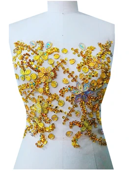

A97 Handmade golden sew on Rhinestones applique crystal patches with stones sequins beads 31*27cm for dress