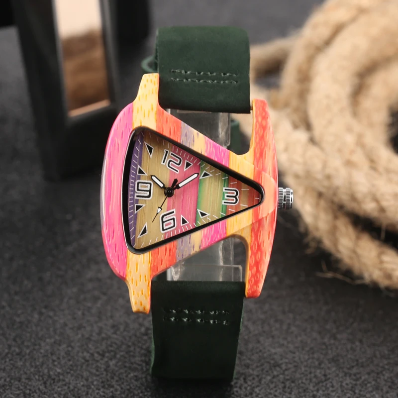 Уникальный треугольник полые деревянные кварцевые часы креативные кожаные часы женские Красочные наручные часы женские элегантные повседневные подарки - Цвет: Зеленый