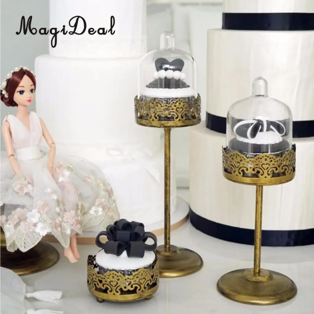 MagiDeal Mini Cake Plate with Stand Dome Cover, Elegant Metal Mini Cupcake Stand for Party Birthday Baby Shower Dessert Display
