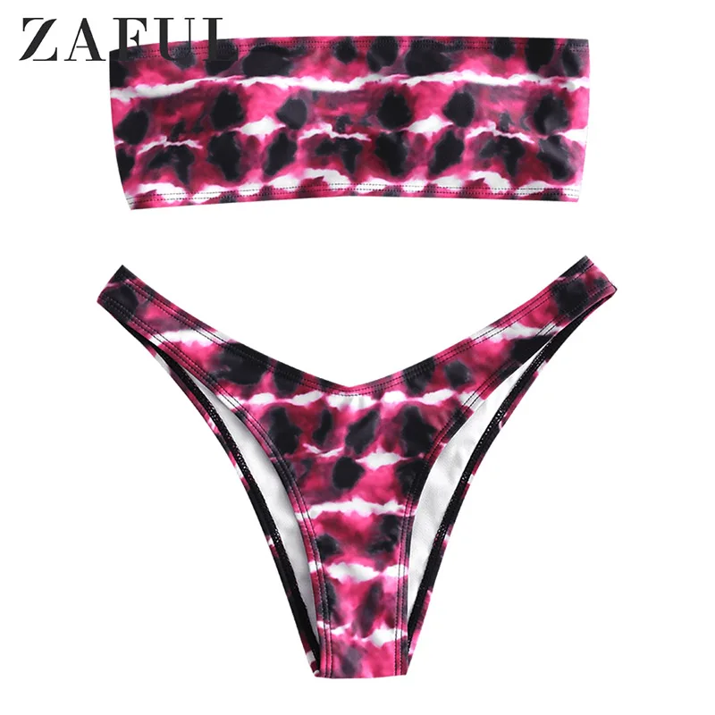 

ZAFUL High Cut Bikinis Spaghetti Straps Tie Dye Plunge Underwire Bikini Set Elastic Padded Swimwear Summer Beach Wear Swimsuits