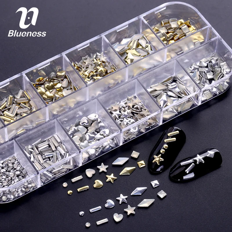 

Rectangular Box Shiny Gold Silver 3D Nails Rivet Tips Glitter Nail Art Studs Decorations ZP062 Rhinestones For Nails manicure