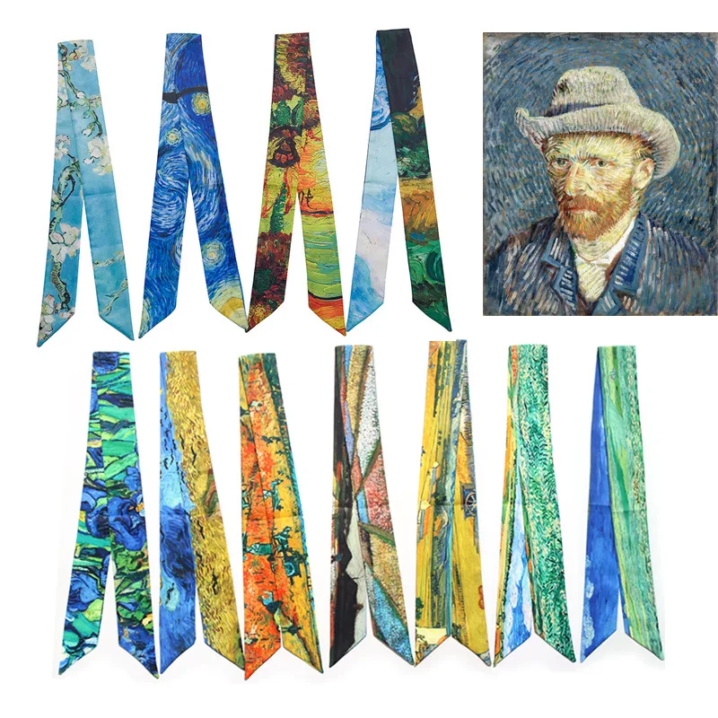 

2019 New Design Oil Painting Handle Bag Scarves Skinny Silk Hair Band Headband Scarf Women Multi-function Head Scarf Kerchief