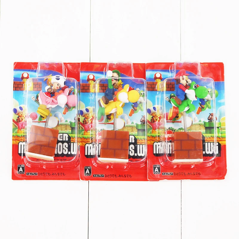 3pcs/lot Super Mario Bros Figure Mario Luigi Toad Mushroom Riding Yoshi Spring Shake Model Toy Car Decorations
