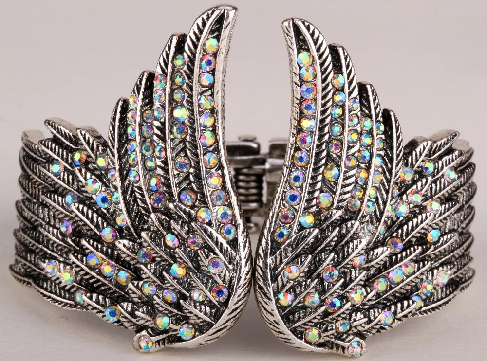 Angel wings feather bracelet women biker jewelry antique gold silver plated W crystal wholesale dropshipping D01