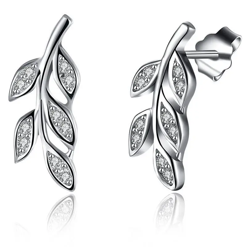 

925 Sterling Silver Cubic Zirconia Olive Leaf Branch Vine Crawlers Earrings 1 Pair