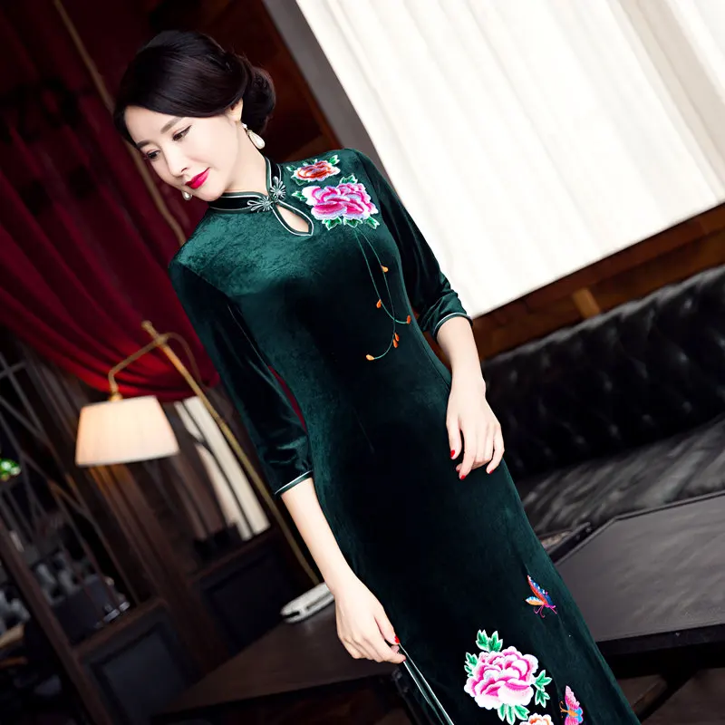 Новое поступление Для женщин Длинные Cheongsam моды китайский Стиль велюр элегантное платье Qipao Vestido Размеры размеры s m l xl XXL, XXXL 23602C