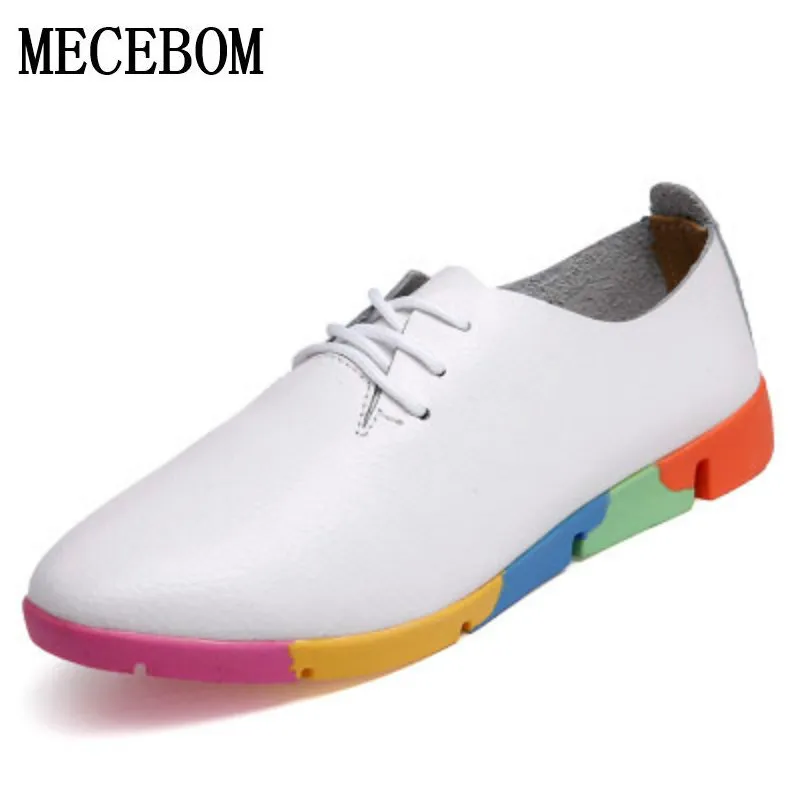 

Autumn spring new lace-up leather women flat white shoes pointed toe deep mouth soft bottom leisure colorful shoes woman 910W