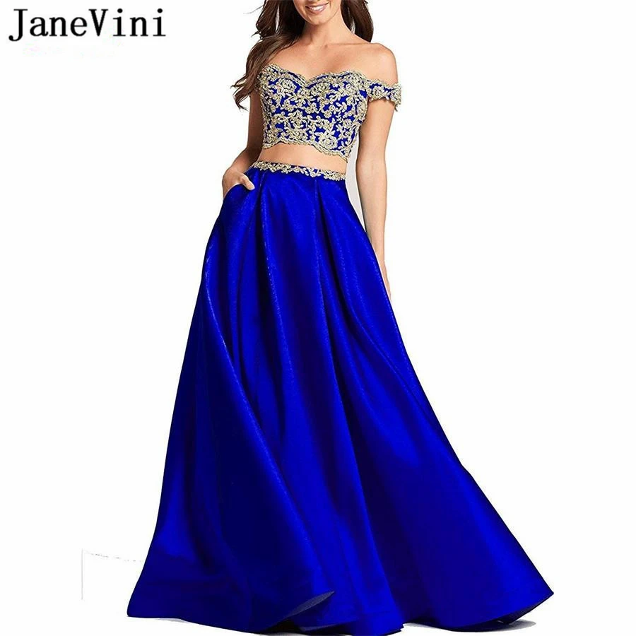 JaneVini Elegant Satin Royal Blue Prom 