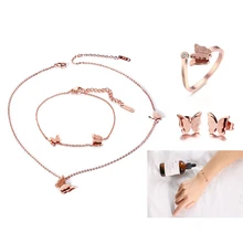 Популярный ювелирный набор из титановой стали, Пескоструйный браслет-бабочка, ожерелье, кольцо, ухо, гвоздь, розовое золото, ювелирные изделия для девушек