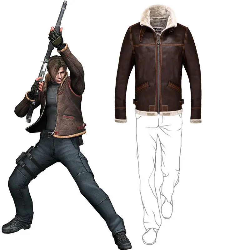 

Game Cosplay Leon Jacket Men PU Leather With Fur Coat Jacket Long Sleeve Boyfriend Autumn Winter Warm Clothing Outerwear S-5XL