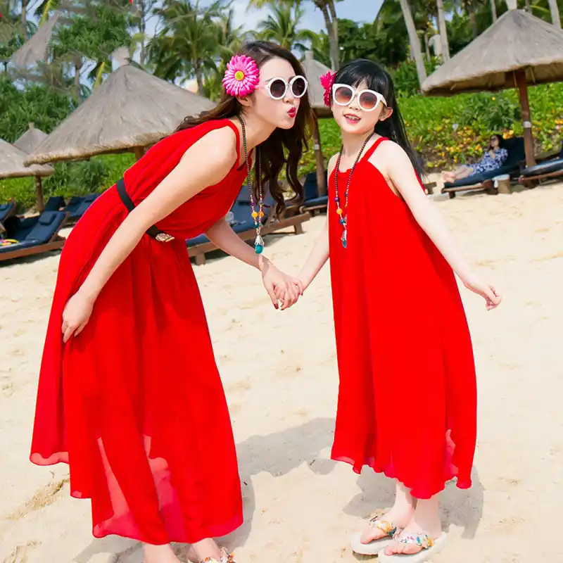 Mother Daughter Dresses With Matching Belt 2019 Summer Chiffon