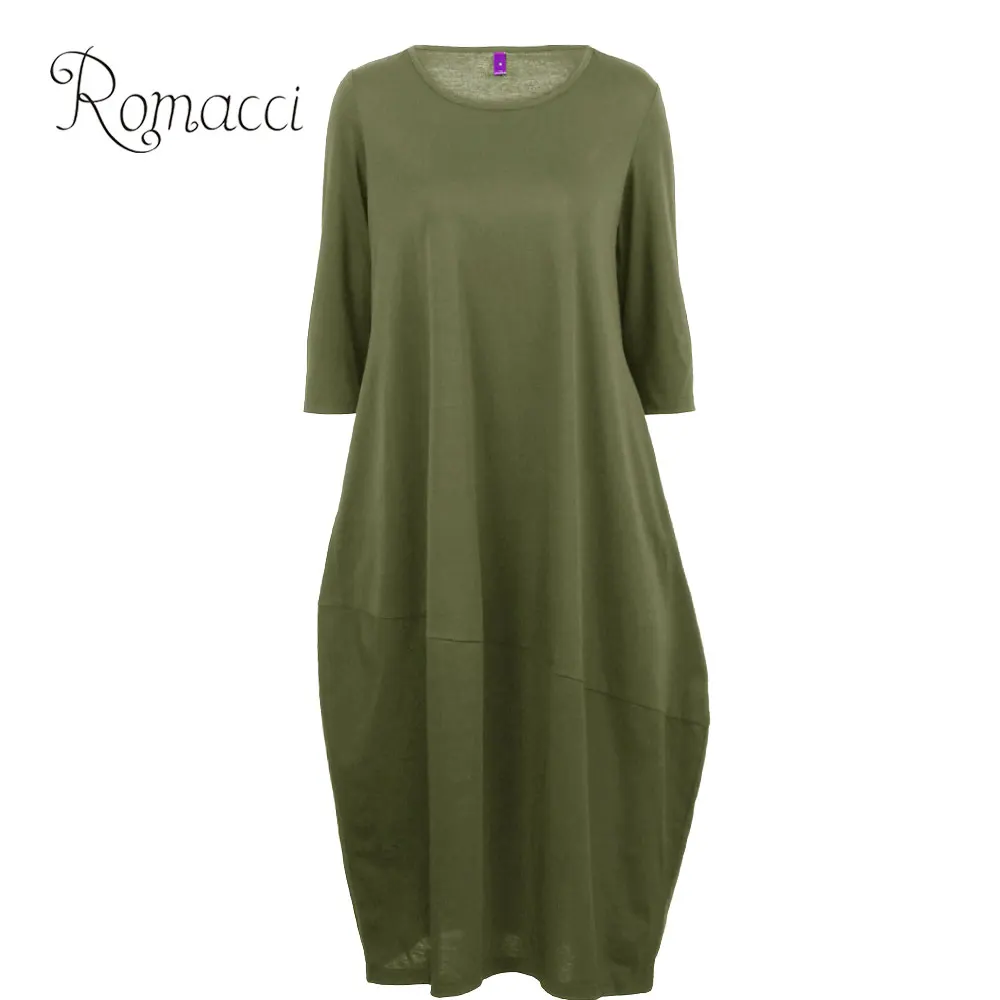 

Romacci XXXL XXXXL 5XL Plus Size Dress Female New Fashion Women Baggy Dress Side Pocket O Neck 3/4 Sleeve Mid-calf Loose Dress