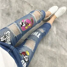 Размера плюс Рваные Джинсы бойфренда с дырками для женщин мультфильм Микки femme Повседневные узкие джинсовые штаны синие брюки