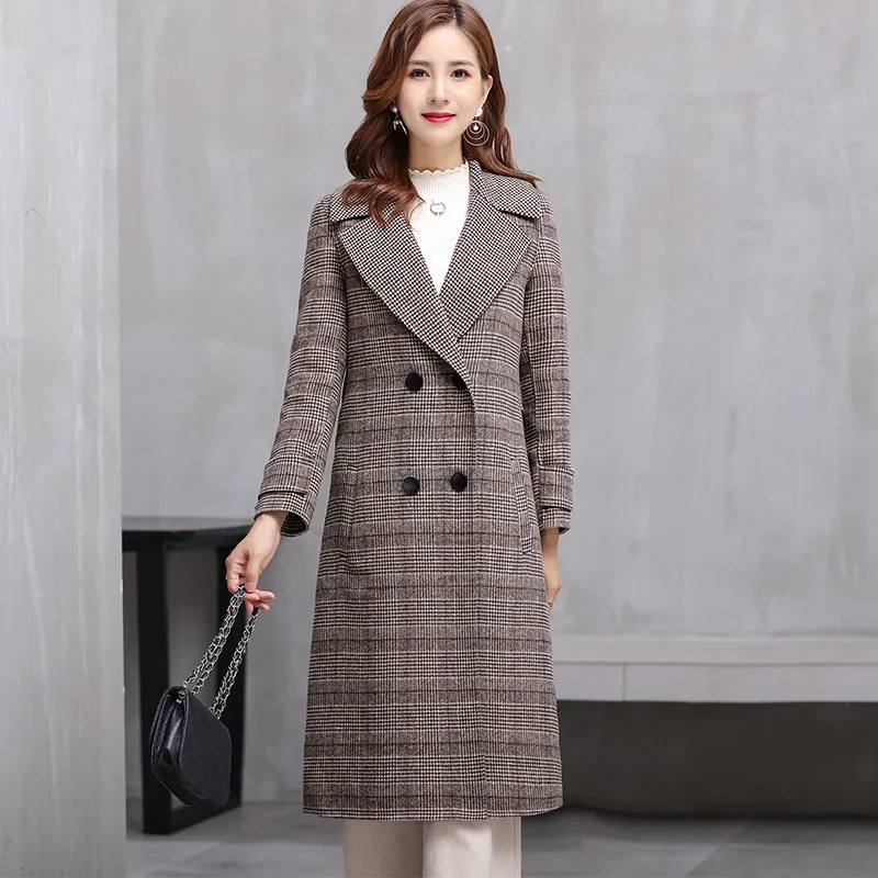 

Spring Autumn 2018 New Double-sided Cashmere Women Coat Long Double Breasted Coat Female Turn-down Collar Plaid Wool & Blends