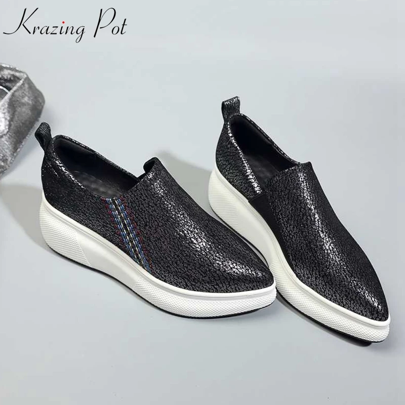 

Krazing Pot basic sheep leather handmade slip on flat platform pointed toe sneakers for women comfortable vulcanized shoes L3f8