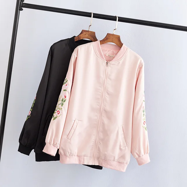 

Vintage Embroidery Basic Women Jacket Coat Autumn 2019 Street Satin Bomber Jacket Women's Baseball Jackets Plus Size 4XL