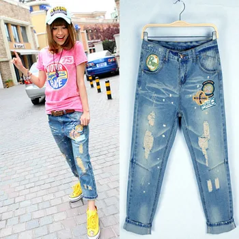 

Bf hole wire drawing loose jeans slim hole cross pants beggar pants female