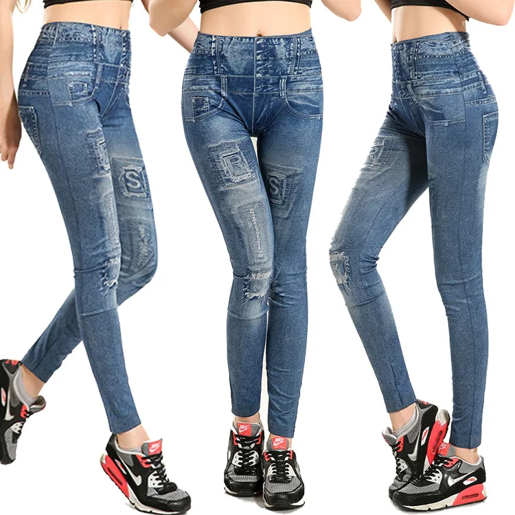 2016 New Dark Blue Seamless Jegging Fitness Women Leggings Jeans Fake R S Letter Print Fitness
