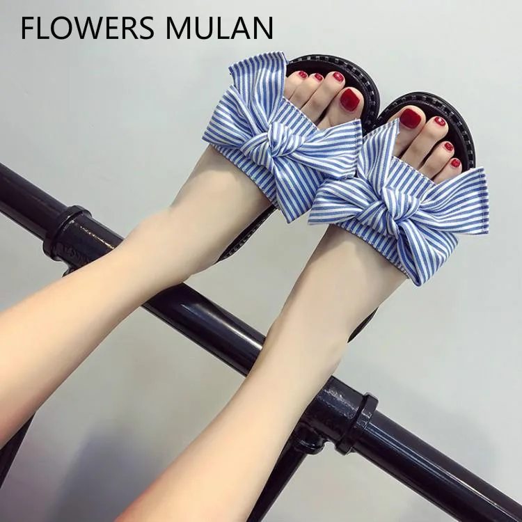 

Sweet Striped Cotton Butterfly-knot Women Shoes Peep Toe Soft Rubber Heels Zapatos De Mujer Slip On Slippers Beach Slides Summer