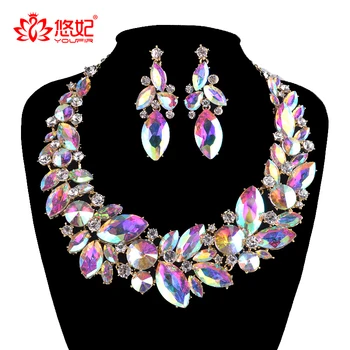 

Fashion rhinestone AB color Wedding Jewelry Sets bridal Crystal necklace earrings set women Party marquise Jewelry Accessories
