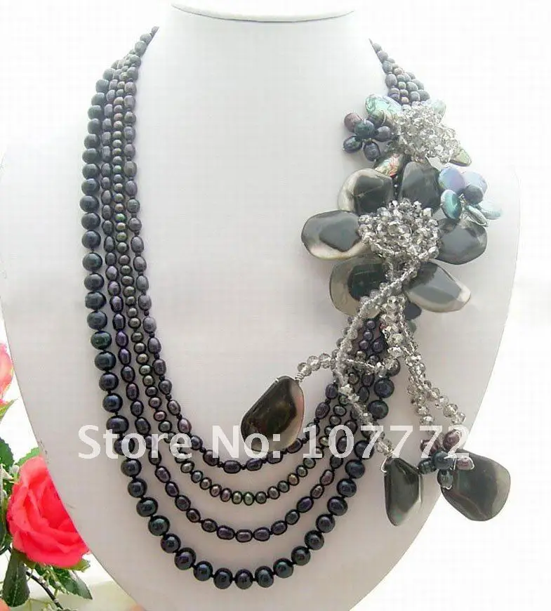 

Hand-Made Semi-Stone 4 strands Black Pearl&Shell Flower&Crystal Necklace free shipment