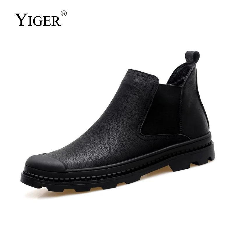 

YIGER New Men Chelsea Boots Genuine Leather Man Ankle boots Winter with fur Slip-on Martins boots male casual shoes black 0200