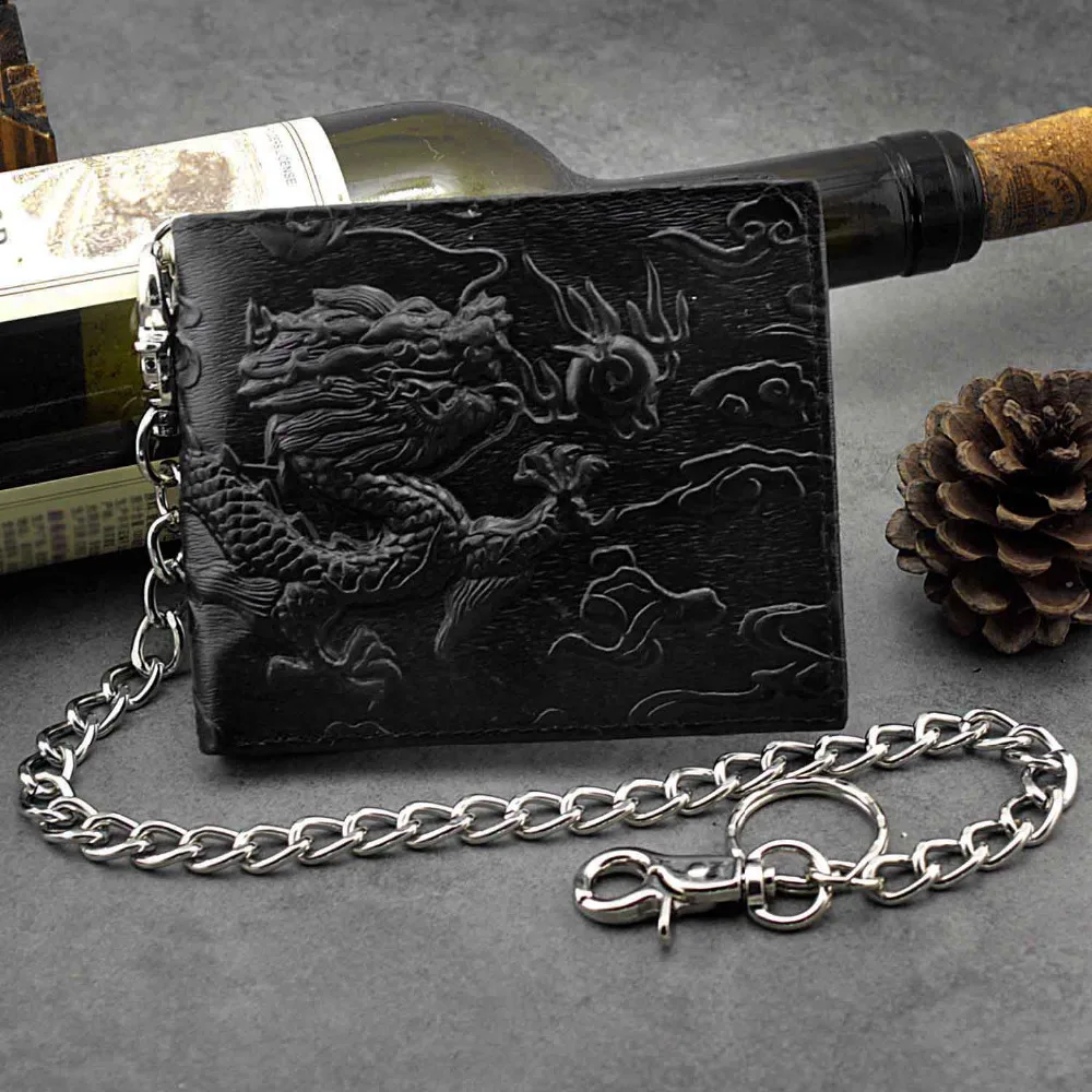 

Balck Top Quality Mens Leather Vintage Dragon Wallet with Chain Card Holder Purse