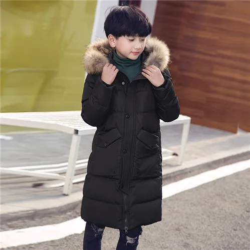Детская зимняя куртка-пуховик из 90% белого утиного пуха; детская верхняя одежда; пальто с воротником из натурального меха для подростков; парки для мальчиков; пальто; Clj181 - Цвет: black