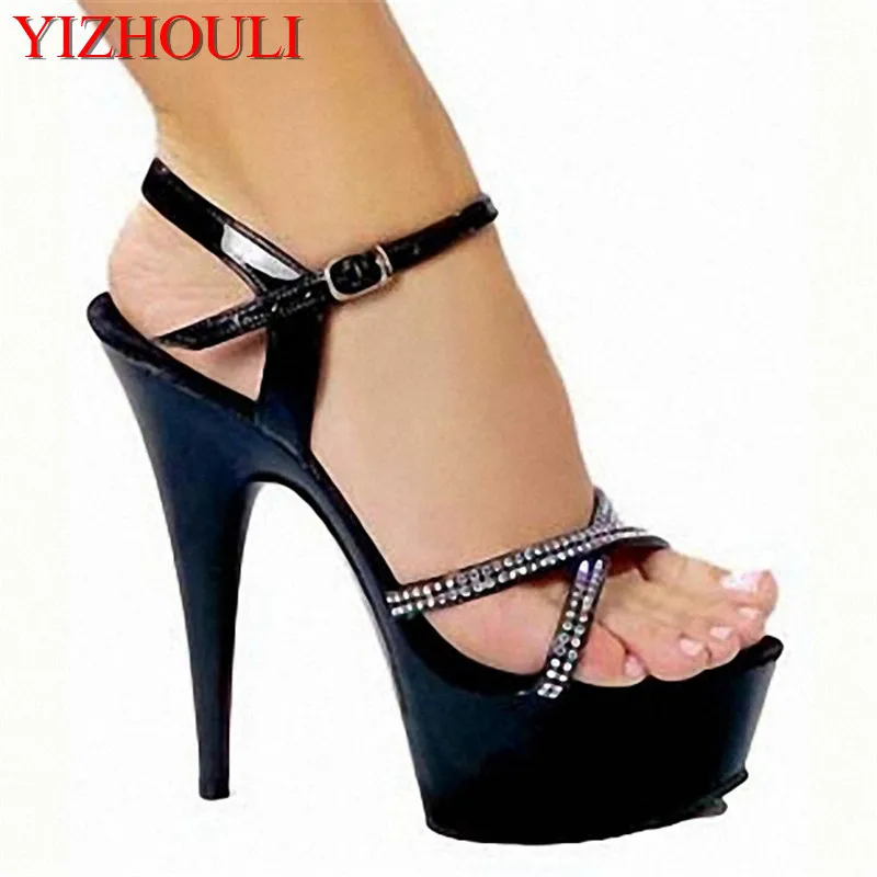 

High sexy sequins cross vamp 15 cm stiletto sandals, model party stage using sandals