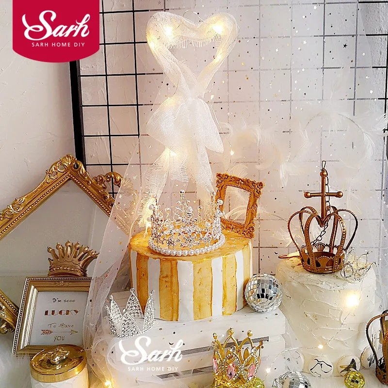 Lace Heart Diamond Studded Crown Feather Cake Decorations