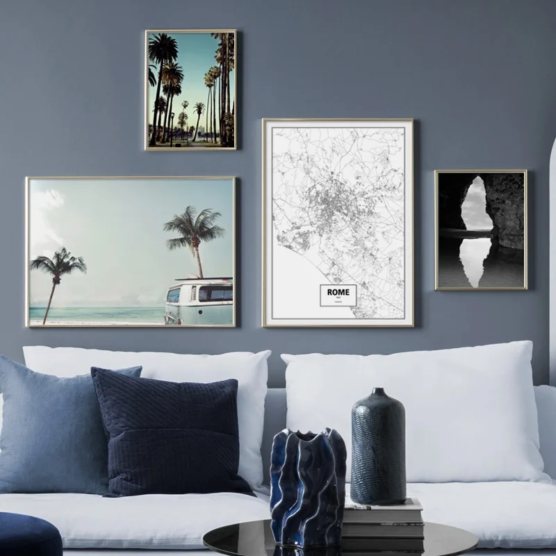 

Sea Wave Beach Palm Tree Car Rome Map Wall Art Canvas Painting Nordic Posters And Prints Wall Pictures For Living Room Decor