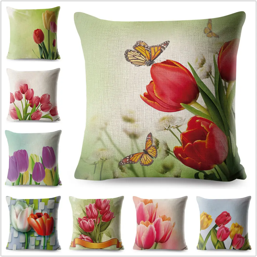 Beautiful Flower Tulip Pillow Cover 45*45cm Car Linen Cushion Covers Living Room Home Decoration