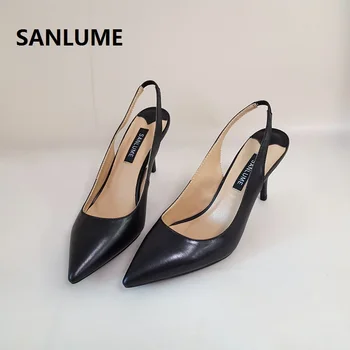 

SANLUME Top quality 2018 Women Genuine leather High heels Sexy pointed Work Pumps Thin heels Summer Shoes