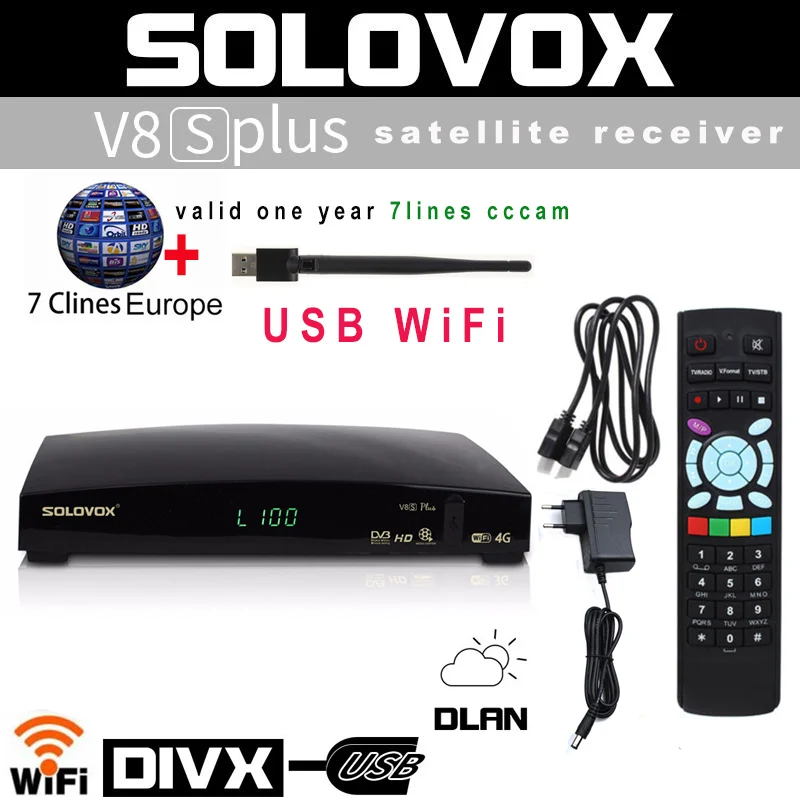 

Solovox V8S Plus DVBS2 H.265 Digital HD Satellite Receiver 1 Year valid 7 Clines CCCAM Service powerVu Biss Key IPTV Xtream