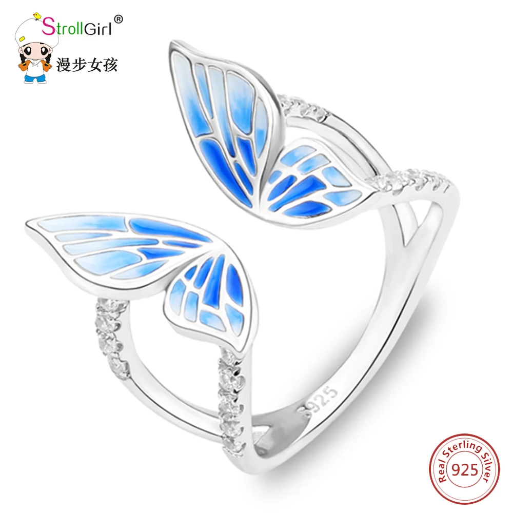 Strollgirl Новая коллекция 925 Серебряное кольцо голубая бабочка Регулируемый эмали