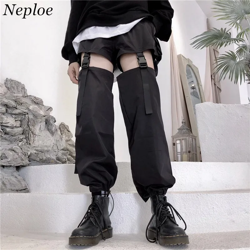 

Neploe Women's Street Fashion Tooling Pocket Black High Waist Loose Hollow-out Trousers Ladies Pants Female Harem Pants 38320