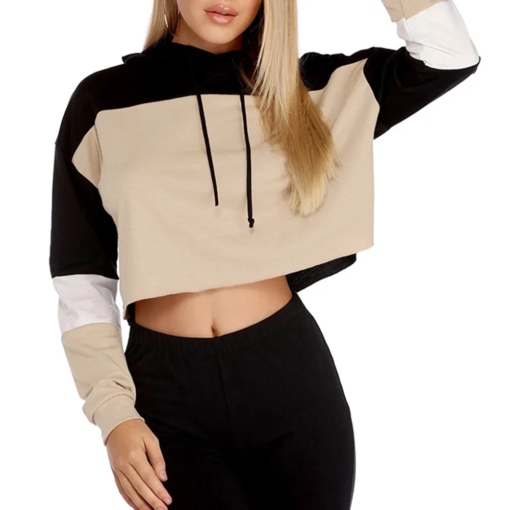 

Feitong Womens Splcing Color Hoodie Sweatshirt Crop Tops Ladies Causal Long Sleeve Pullover Sweatshirt sudaderas para mujer New