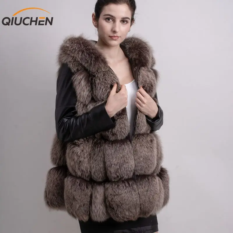 

QIUCHEN PJ8107 2019 New arrival Free shipping full pelt solid real fox fur long vest detactable real sheep fur sleeve genuine