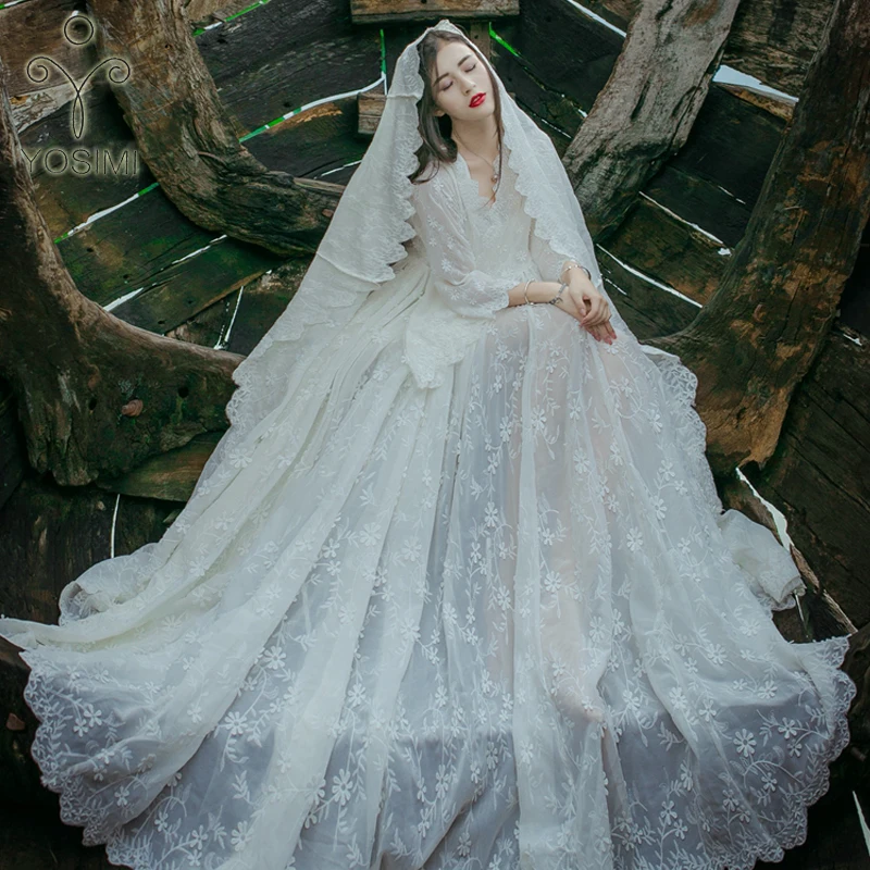 

YOSIMI 2019 Summer Dress Maxi Vintage Lady Lace Long Women Dress Tunic White Evening Party Female Vestido V-neck Loose Dresses