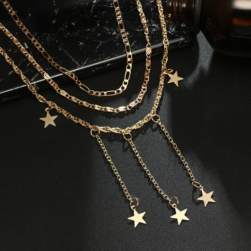 

Wholesale Necklace Punk New Fashion Boho Necklaces Gold Simple Double Layer For Women Girls Star Sale Acero Inoxidable Mujer N51