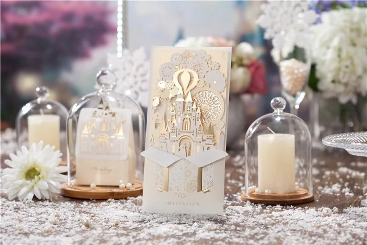 

2018 New gold castle design Wedding Invitation Cards with Personalized & Customized Printing Free Shipping