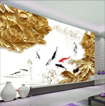 

custom 3d wall murals wallpaper Solid wood peony of Dutch fish boring sitting room TV setting wall wallpaper