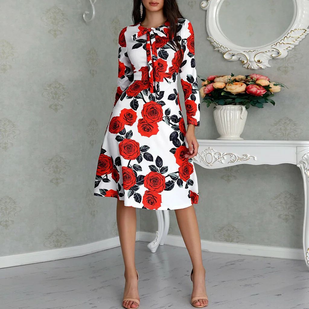

Fashion Floral Print Bow Tie Dress Autumn Ladies Sexy Swing Dress Sundress Women's Casual Evening Party Dress Vestido de fest