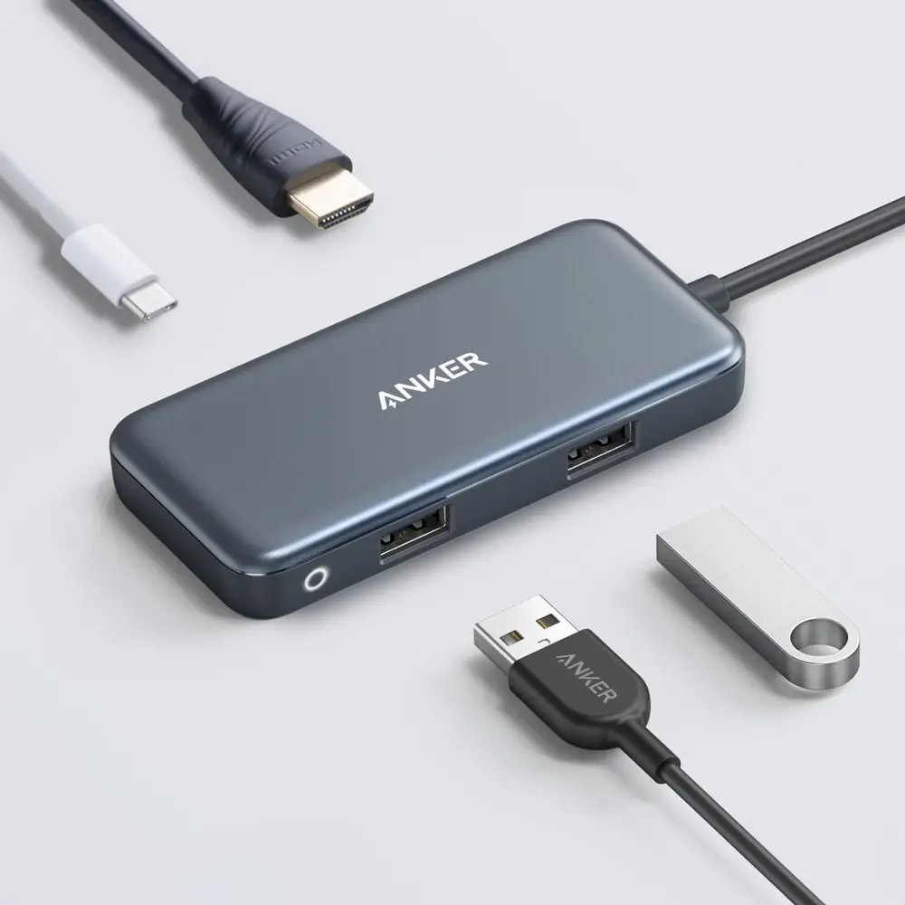 Anker USB C концентратор, 4 в 1 взаимный обмен данными между компьютером и периферийными устройствами C адаптер переменного тока, 4K кабель-Переходник USB C на HDMI, с 2 портами(стандарт 3,0 Порты, 60 Вт Мощность доставки зарядки Порты и разъёмы для MacBook Pro и многое другое